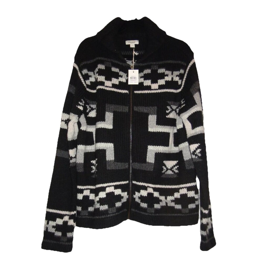 Fossil Black Dakota Zip Cardigan Wool Blend Sweater